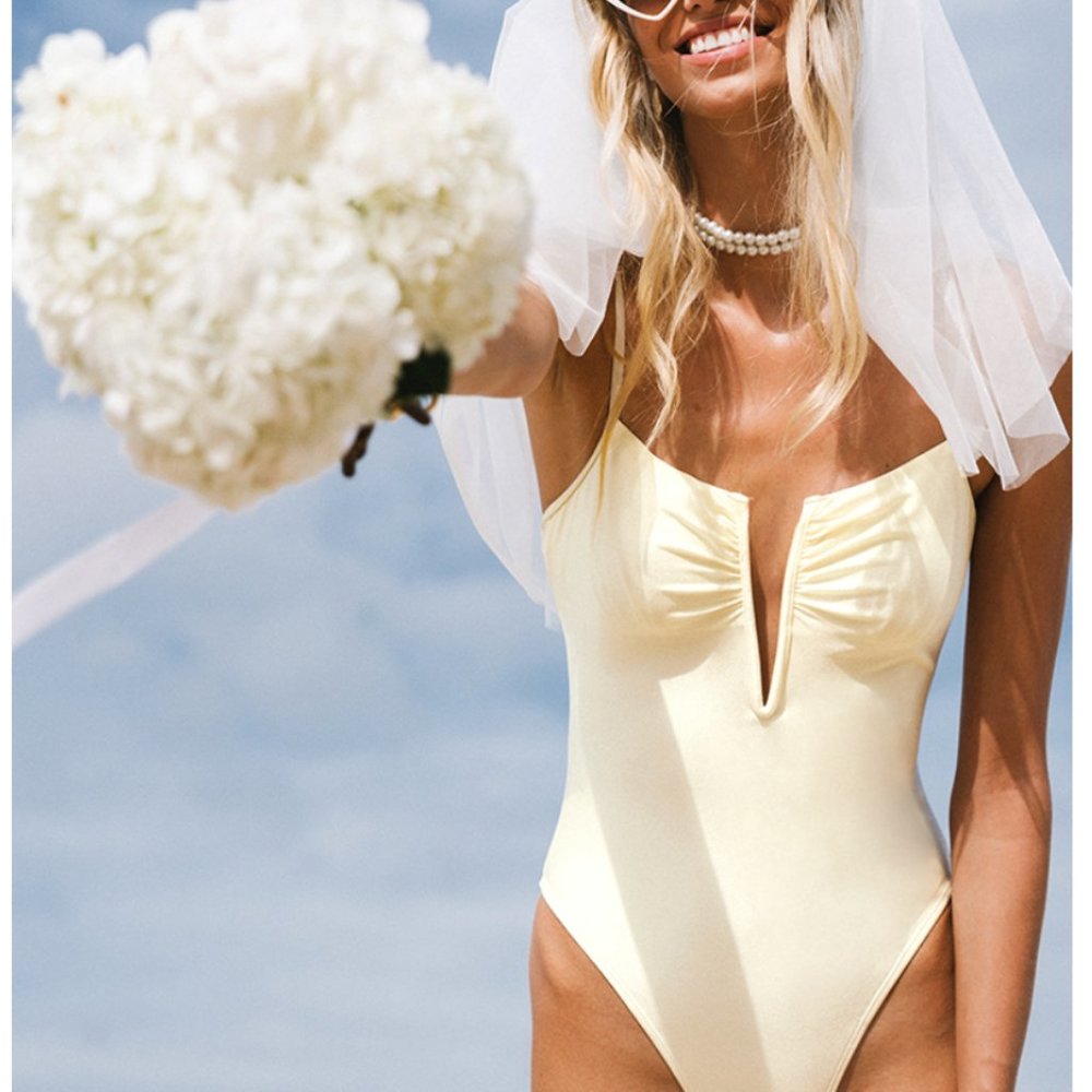 V-Wire One Piece Swimsuit (Light yellow) - Bridal/Bachelorette (fits M/L)